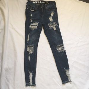 Super distressed curvy high rise skinny’s